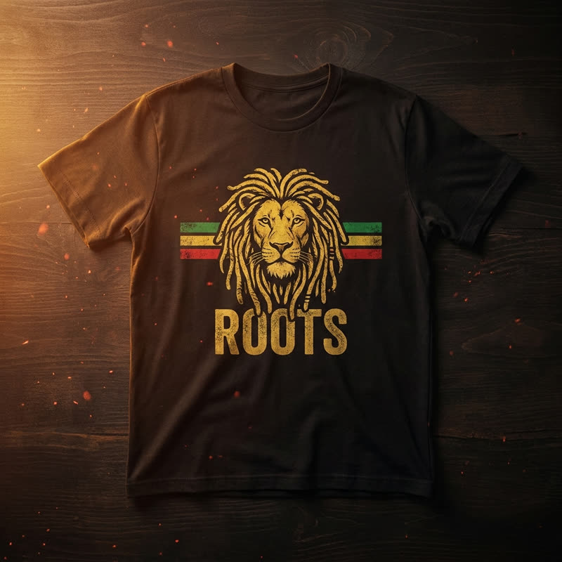 Camiseta Roots preta com estampa de leão dourado